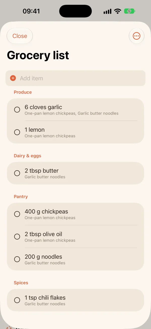 A merged grocery list grouped into Produce, Dairy and Eggs, Pantry and Spices.